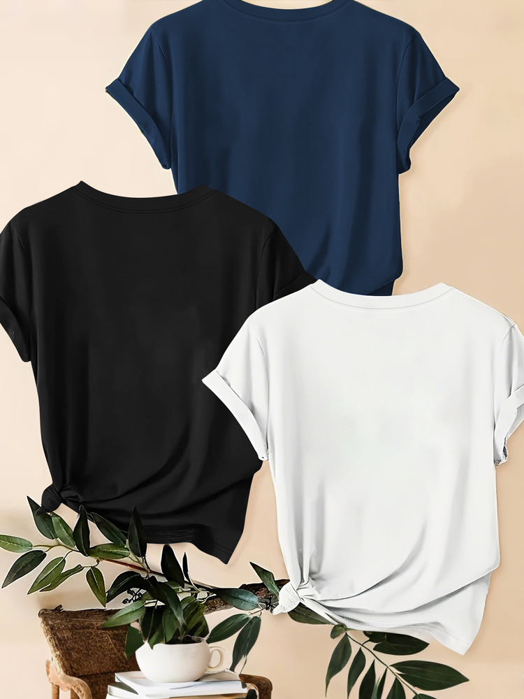 SHEIN LUNE Bộ 3 chiếc áo phông họa tiết da báo, hình trái tim và khẩu hiệu cỡ lớn thường ngày, mùa hè - Nhiều màu - Xem 2