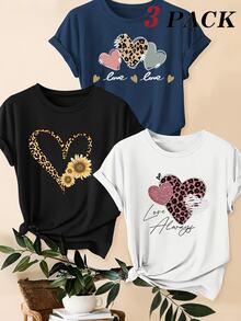 SHEIN LUNE 3pcs/Set Leopard Print, Heart & Slogan Graphic Casual Plus Size T-Shirts, Summer - Multicolor - View 1