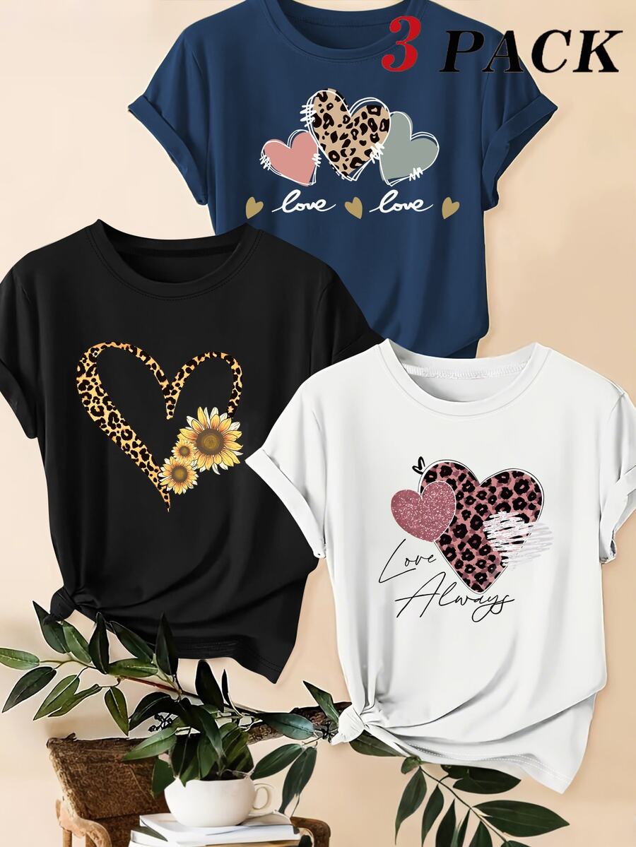 SHEIN LUNE 3pcs/Set Leopard Print, Heart & Slogan Graphic Casual Plus Size T-Shirts, Summer - Multicolor - View 1