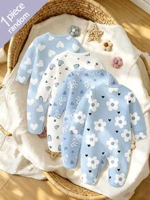 SHEIN Vintaside Kids 水藍色花卉愛心蝴蝶結印花嬰兒連身包屁衣，舒適面料，春夏長袖爬行睡衣居家服，秋季睡眠穿著 - 彩色 - 查看 2