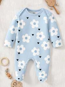 SHEIN Vintaside Kids 水藍色花卉愛心蝴蝶結印花嬰兒連身包屁衣，舒適面料，春夏長袖爬行睡衣居家服，秋季睡眠穿著 - 彩色 - 查看 10