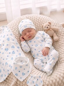 SHEIN Vintaside Kids 水藍色花卉愛心蝴蝶結印花嬰兒連身包屁衣，舒適面料，春夏長袖爬行睡衣居家服，秋季睡眠穿著 - 彩色 - 查看 5
