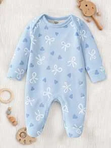 SHEIN Vintaside Kids 水藍色花卉愛心蝴蝶結印花嬰兒連身包屁衣，舒適面料，春夏長袖爬行睡衣居家服，秋季睡眠穿著 - 彩色 - 查看 8