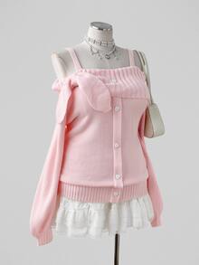 Sunspun Plus Size Women's Solid Pink Knit Sweater With Collar, Bow, Heart Peach Buttons, Faux Placket, Loose Fit, Comfortable, Vintage Style, Pullover, Includes Straps, Suitable For Autumn/Winter, Vacation, Date, Daily Commute - Pink - View 6