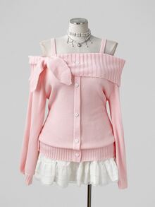 Sunspun Plus Size Women's Solid Pink Knit Sweater With Collar, Bow, Heart Peach Buttons, Faux Placket, Loose Fit, Comfortable, Vintage Style, Pullover, Includes Straps, Suitable For Autumn/Winter, Vacation, Date, Daily Commute - Pink - View 8