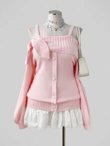 Sunspun Plus Size Women's Solid Pink Knit Sweater With Collar, Bow, Heart Peach Buttons, Faux Placket, Loose Fit, Comfortable, Vintage Style, Pullover, Includes Straps, Suitable For Autumn/Winter, Vacation, Date, Daily Commute - Pink - View 5
