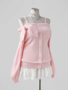 Sunspun Plus Size Women's Solid Pink Knit Sweater With Collar, Bow, Heart Peach Buttons, Faux Placket, Loose Fit, Comfortable, Vintage Style, Pullover, Includes Straps, Suitable For Autumn/Winter, Vacation, Date, Daily Commute - Pink - View 7