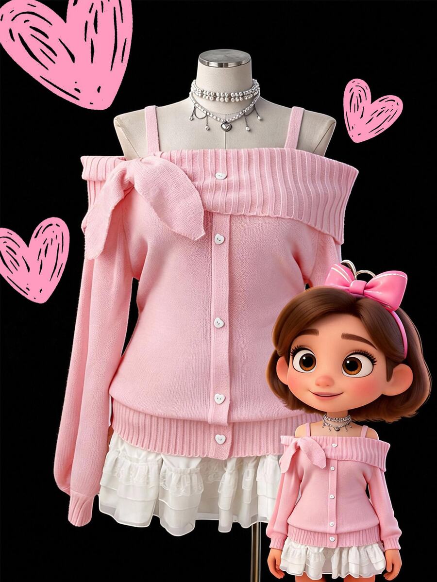 Sunspun Plus Size Women's Solid Pink Knit Sweater With Collar, Bow, Heart Peach Buttons, Faux Placket, Loose Fit, Comfortable, Vintage Style, Pullover, Includes Straps, Suitable For Autumn/Winter, Vacation, Date, Daily Commute - Pink - View 1