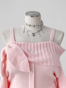 Sunspun Plus Size Women's Solid Pink Knit Sweater With Collar, Bow, Heart Peach Buttons, Faux Placket, Loose Fit, Comfortable, Vintage Style, Pullover, Includes Straps, Suitable For Autumn/Winter, Vacation, Date, Daily Commute - Pink - View 4