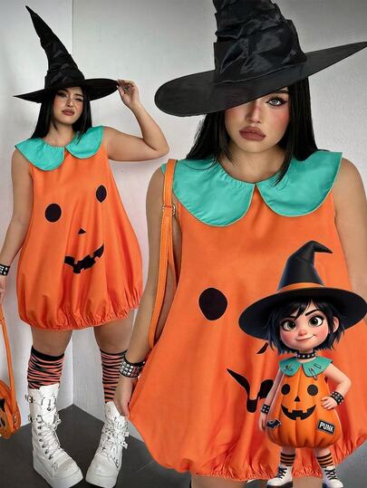 Whyspr Disfraz de Cosplay de Halloween Talla Grande Disfraz de Cosplay de Halloween Disfraz de Calabaza Lindo Fiesta Boda Personaje de Dibujos Animados Vestido Naranja Quemado Verano Kawaii Lindo