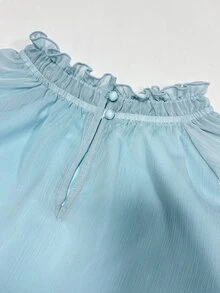 SHEIN Holidaya 淺藍色透視雪紡女款法式上衣，百褶高領、燈籠泡泡七分袖、荷葉邊飾，適合早午餐，秋季優雅風 - 藍色 - 查看 7