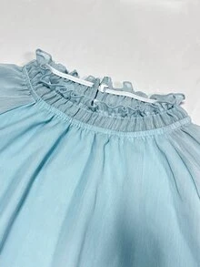 SHEIN Holidaya 淺藍色透視雪紡女款法式上衣，百褶高領、燈籠泡泡七分袖、荷葉邊飾，適合早午餐，秋季優雅風 - 藍色 - 查看 5