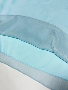 SHEIN Holidaya 淺藍色透視雪紡女款法式上衣，百褶高領、燈籠泡泡七分袖、荷葉邊飾，適合早午餐，秋季優雅風 - 藍色 - 查看 6