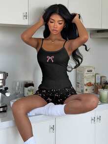 ZzzCrew Sexy Bow Print Camisole And Shorts Pajama Set - Black - View 3
