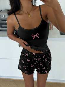 ZzzCrew Sexy Bow Print Camisole And Shorts Pajama Set - Black - View 1