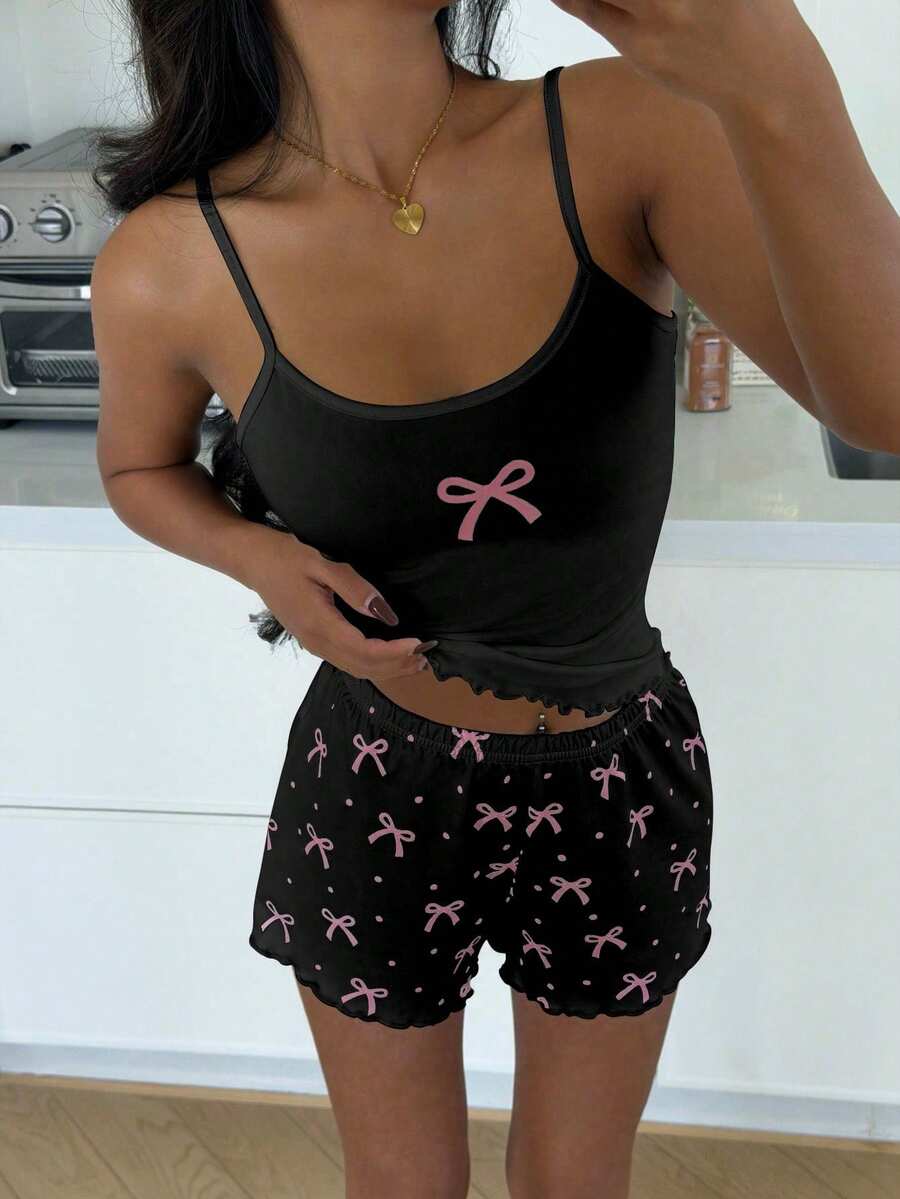 ZzzCrew Sexy Bow Print Camisole And Shorts Pajama Set - Black - View 1