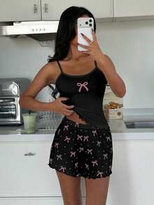 ZzzCrew Sexy Bow Print Camisole And Shorts Pajama Set - Black - View 6