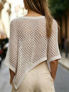 SHEIN Women's Solid Color Asymmetrical Shoulder Hollow Casual Boho Versatile Knit Top For Daily Wear Vacation Beige Summer Beach Vacation - Apricot - View 7