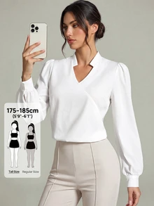 SHEIN Tall 素色缺口領泡泡袖女式襯衫，秋冬款，適合高個女性 - 白色 - 查看 1