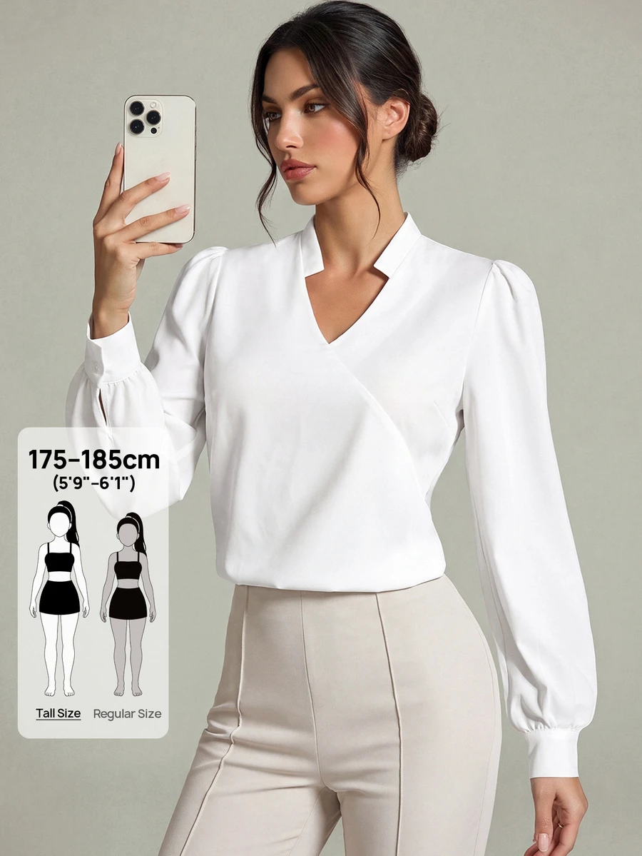 SHEIN Tall 素色缺口領泡泡袖女式襯衫,秋冬款,適合高個女性 - 白色 - 查看 1