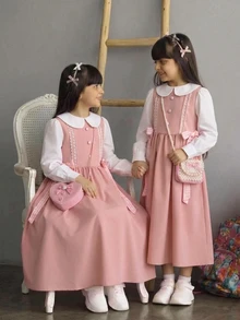 SHEIN Kids Tween Girl Sweet Cute Button Lace Patchwork Bow Tie Long Sleeve Dress Back-To-School School White Dusty Pink Autumn - Pink - View 2