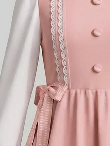 SHEIN Kids Tween Girl Sweet Cute Button Lace Patchwork Bow Tie Long Sleeve Dress Back-To-School School White Dusty Pink Autumn - Pink - View 6