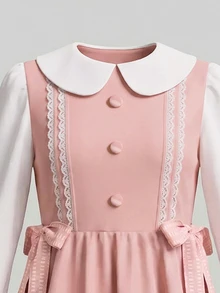 SHEIN Kids Tween Girl Sweet Cute Button Lace Patchwork Bow Tie Long Sleeve Dress Back-To-School School White Dusty Pink Autumn - Pink - View 7