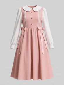 SHEIN Kids Tween Girl Sweet Cute Button Lace Patchwork Bow Tie Long Sleeve Dress Back-To-School School White Dusty Pink Autumn - Pink - View 5