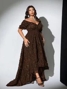 Viva Relle 大尺碼女款露肩花卉印花百褶優雅收腰派對洋裝 - 咖啡棕 - 查看 5