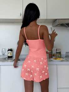 ZzzCrew Sexy Fitted Short Bow Print Camisole & Shorts Pajama Set - Coral Pink - View 2