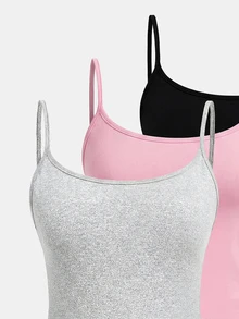 SHEIN Girlism 青少年女孩夏季舒適素色細肩帶背心 7月4日美國日 灰色 粉色 黑色 休閒款 - 彩色 - 查看 5