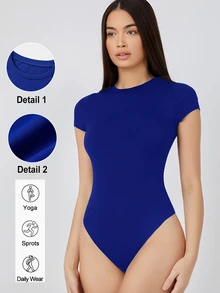 SHEIN BASICS Solid Slim Tee Bodysuit Summer Outfit For Women - Royal Blue - View 8
