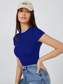 SHEIN BASICS Solid Slim Tee Bodysuit Summer Outfit For Women - Royal Blue - View 7