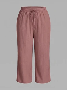 SHEIN PETITE CURVE Plus Size Women Solid Color Waist Tie Straight Leg Casual Pants - Multicolor - View 4
