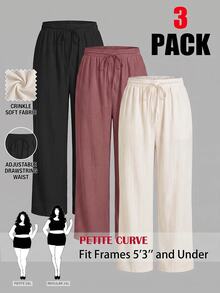 SHEIN PETITE CURVE Plus Size Women Solid Color Waist Tie Straight Leg Casual Pants - Multicolor - View 1