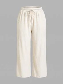 SHEIN PETITE CURVE Plus Size Women Solid Color Waist Tie Straight Leg Casual Pants - Multicolor - View 3
