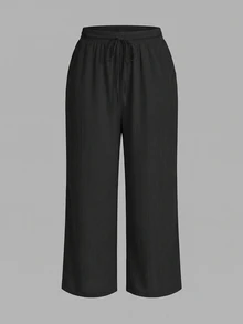 SHEIN PETITE CURVE Plus Size Women Solid Color Waist Tie Straight Leg Casual Pants - Multicolor - View 2