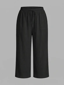 SHEIN PETITE CURVE Plus Size Women Solid Color Waist Tie Straight Leg Casual Pants - Multicolor - View 6