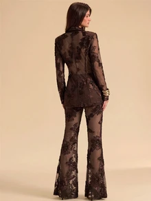 SHEIN BAE Celana Jas Bordir Bunga yang Modis dan Elegan - Coklat - View 2