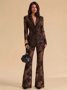 SHEIN BAE Celana Jas Bordir Bunga yang Modis dan Elegan - Coklat - View 3