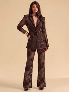 SHEIN BAE Celana Jas Bordir Bunga yang Modis dan Elegan - Coklat - View 5