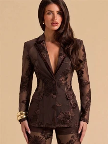 SHEIN BAE Fashionable Elegant Floral Embroidered Blazer - Brown - View 4