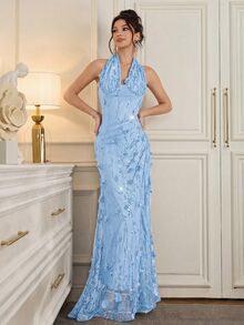 Poshira Women's Luxury Sequin Evening Gown,Elegant High-End Backless Formal Dress,Sleeveless Slim Bodycon Party Gown For Graduation,Wedding & Ball Ceremony - Blue - View 4