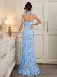 Poshira Women's Luxury Sequin Evening Gown,Elegant High-End Backless Formal Dress,Sleeveless Slim Bodycon Party Gown For Graduation,Wedding & Ball Ceremony - Blue - View 2