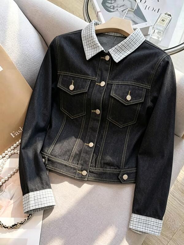FRIFUL Women's Patchwork Striped Long Sleeve Single-Breasted Casual Denim Jacket