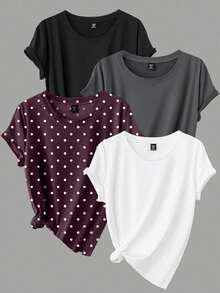 Calvaya Kaos Lengan Pendek Kasual Lembut Ukuran Besar Warna Polos + Motif Polkadot Leher Bulat, Pakaian Rumahan Formal Musim Panas Hitam Putih - MultiWarna - View 3
