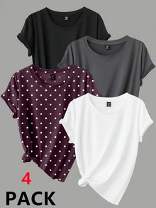 Calvaya Kaos Lengan Pendek Kasual Lembut Ukuran Besar Warna Polos + Motif Polkadot Leher Bulat, Pakaian Rumahan Formal Musim Panas Hitam Putih - MultiWarna - View 1