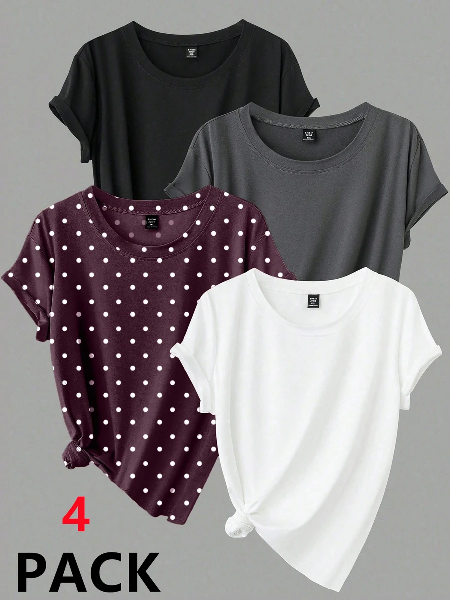 Calvaya Kaos Lengan Pendek Kasual Lembut Ukuran Besar Warna Polos + Motif Polkadot Leher Bulat, Pakaian Rumahan Formal Musim Panas Hitam Putih - MultiWarna - View 1