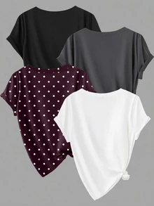 Calvaya Kaos Lengan Pendek Kasual Lembut Ukuran Besar Warna Polos + Motif Polkadot Leher Bulat, Pakaian Rumahan Formal Musim Panas Hitam Putih - MultiWarna - View 2