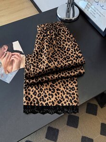 GlowEve 女款秋季豹紋緞面寬鬆長褲，彈性腰蕾絲拼接絲滑觸感寬腿褲，復古性感棕色亮面派對下裝 - 彩色 - 查看 1